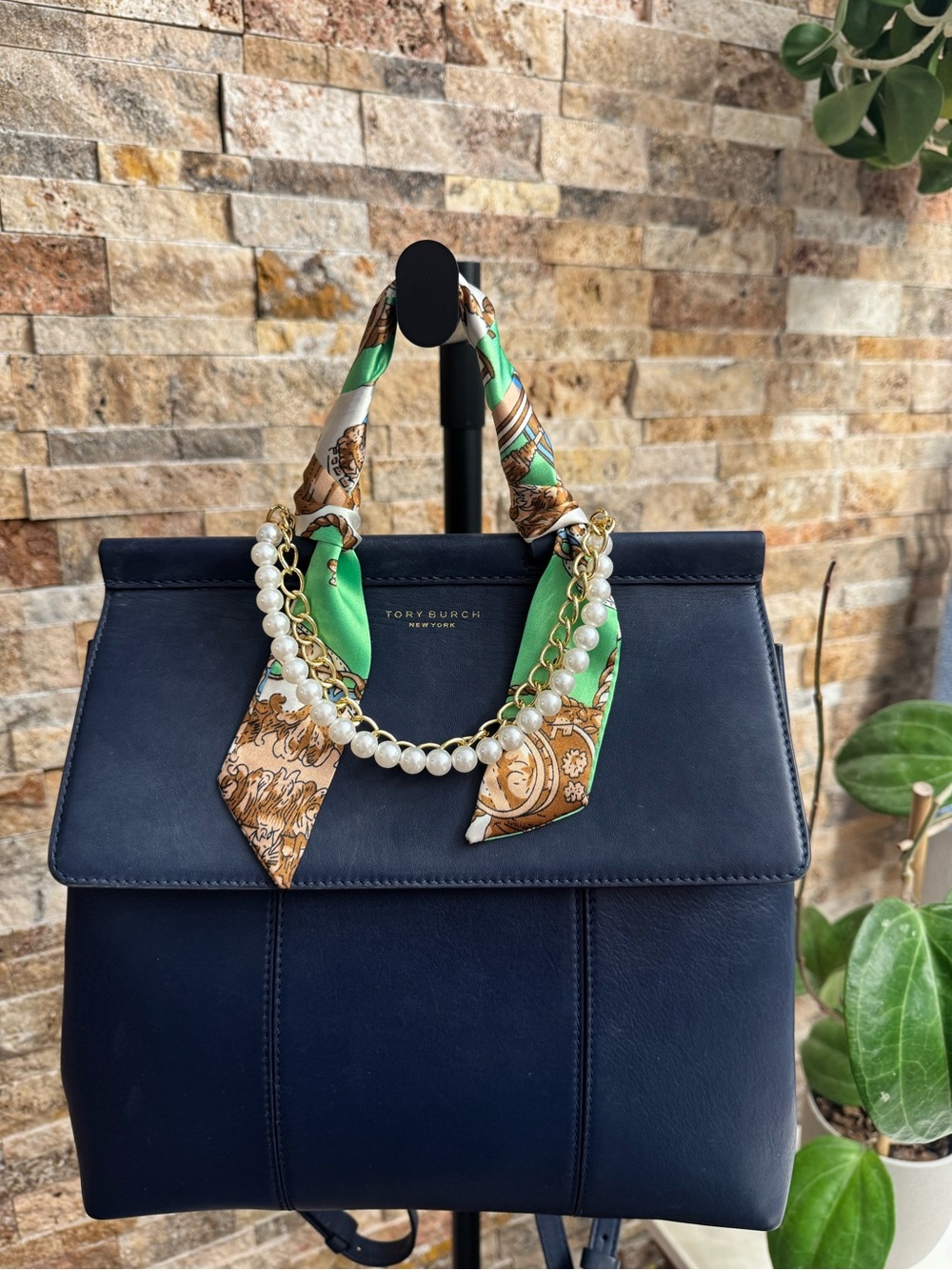 Tory Burch Navy Blue Leather Block T Top Backpack